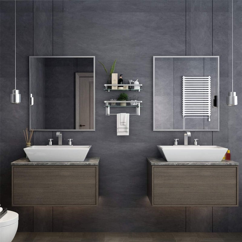 VOLPONE Glass Bathroom Shelf 15.7in Bathroom Shelf Wall Mounted Floating Glass Shelves with Towel Holder Glass Shelf for Bathroom 2 Tier (Sliver) - Image 4